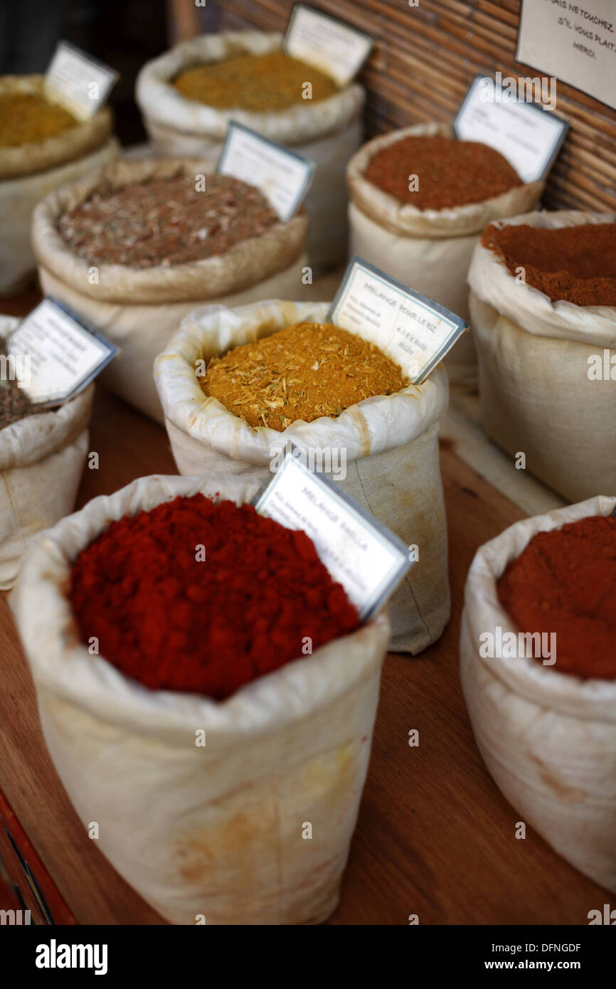 Herbs and spices for sale on a market stall in St Jean Pied a Port in south west France Stock