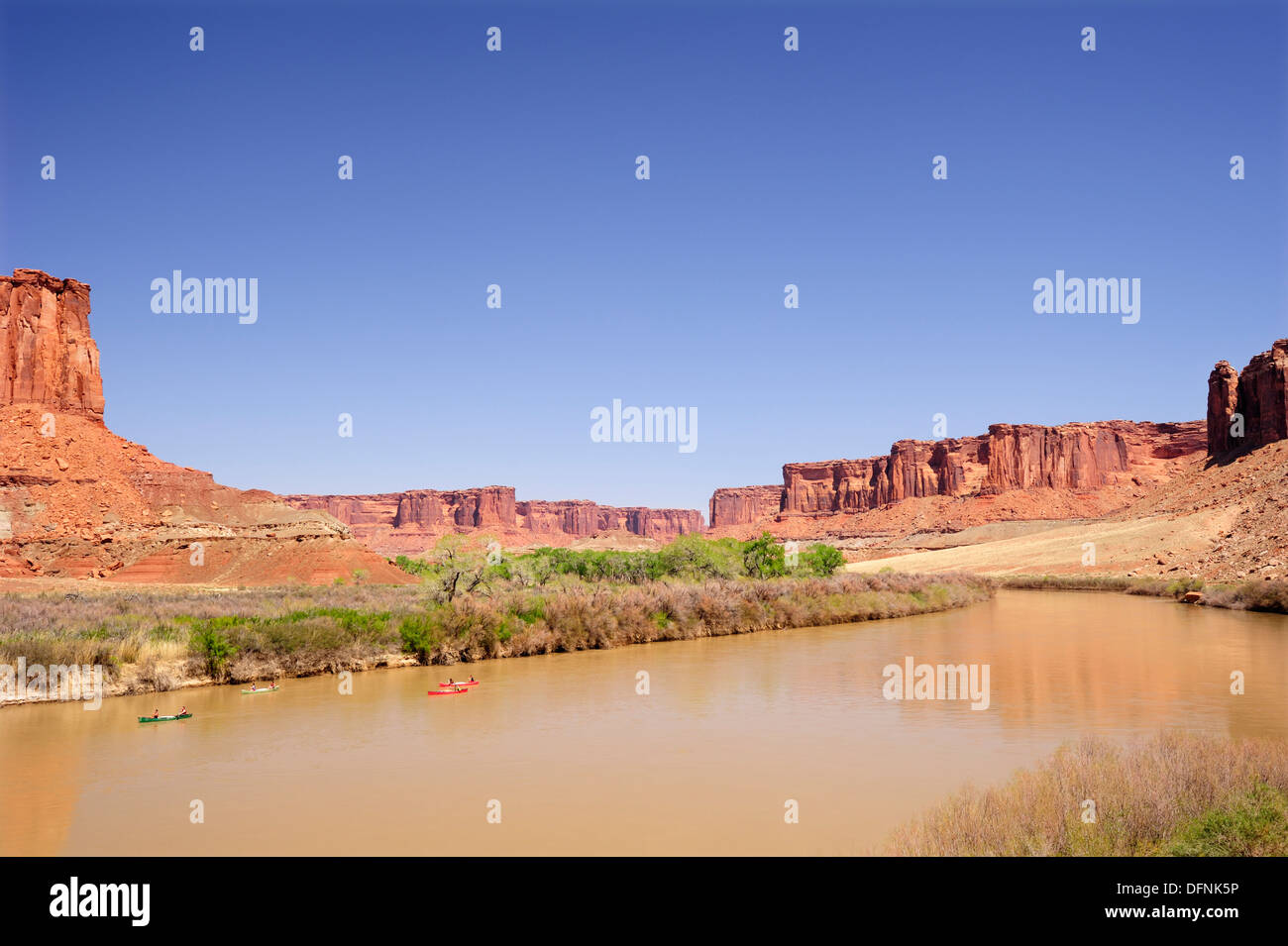 People in kayaks on Green River, White Rim Drive, White Rim Trail, Island in the Sky, Canyonlands National Park, Moab, Utah, Sou Stock Photo