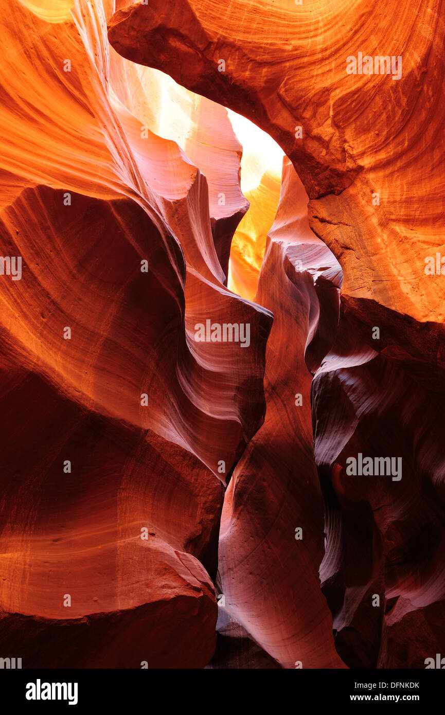 Sun illuminating colourful sandstone slot canyon, Upper Antelope Canyon, Antelope Canyon, Page, Arizona, Southwest, USA, America Stock Photo