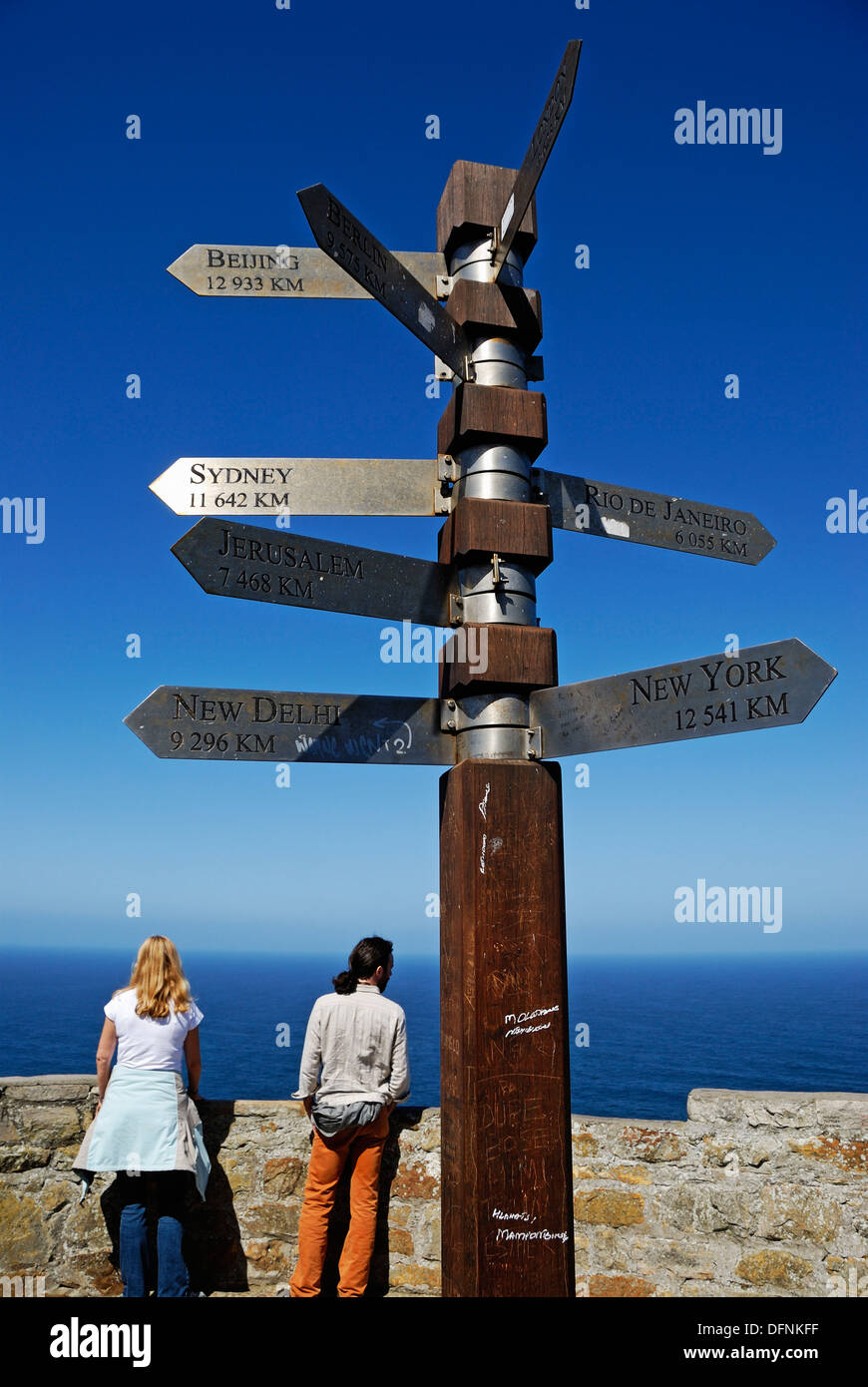 Couple by distance signpost to capital cities, Cape of Good Hope, Western Cape Province, South Africa Stock Photo