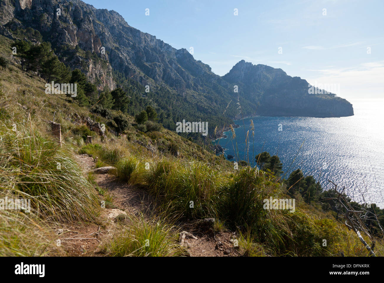 Awesome hiking trail along the north coast of mountains, Mediterranean Sea, Cala Tuent to Soller, Serra de Tramuntana, UNESCO Wo Stock Photo