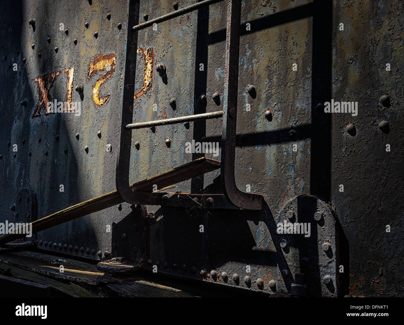 An editorial detail image of a coal tender for a steam locomotive. Stock Photo