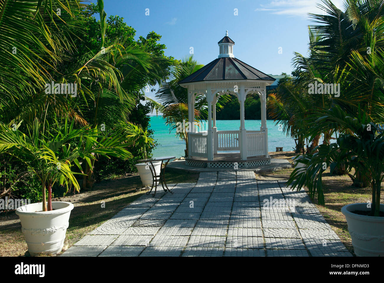 White pavilion on the waterfront, Gazebo at The Veranda Resort, Antigua,  West Indies, Caribbean, Central America, America Stock Photo - Alamy