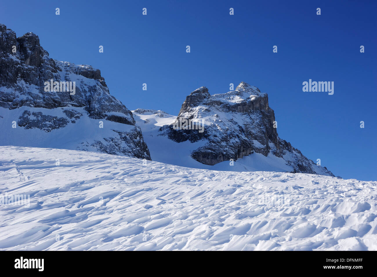 View towards Kleine Sulzfluh, backcountry ski tour Sulzfluh, Raetikon, Montafon, Vorarlberg, Austria Stock Photo