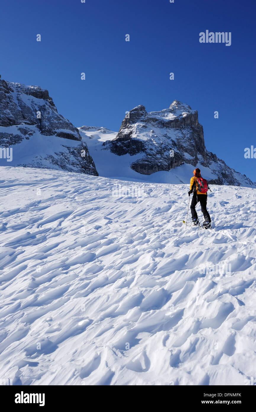 Woman backcountry skiing, ascending towards Kleine Sulzfluh, backcountry ski tour Sulzfluh, Rachen, Raetikon, Montafon, Vorarlbe Stock Photo