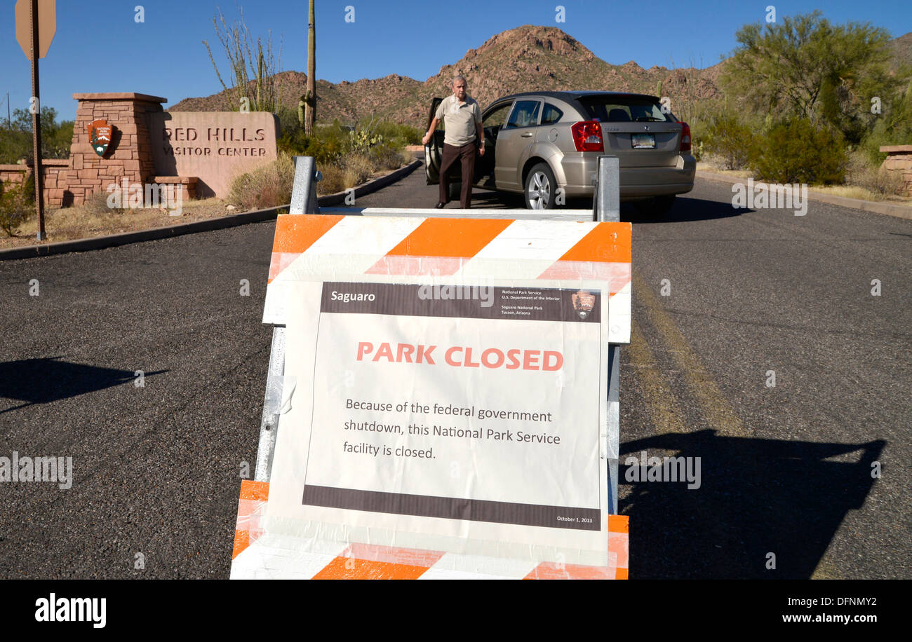 Signs at Saguaro National Park, Tucson, Arizona, USA, indicate that the