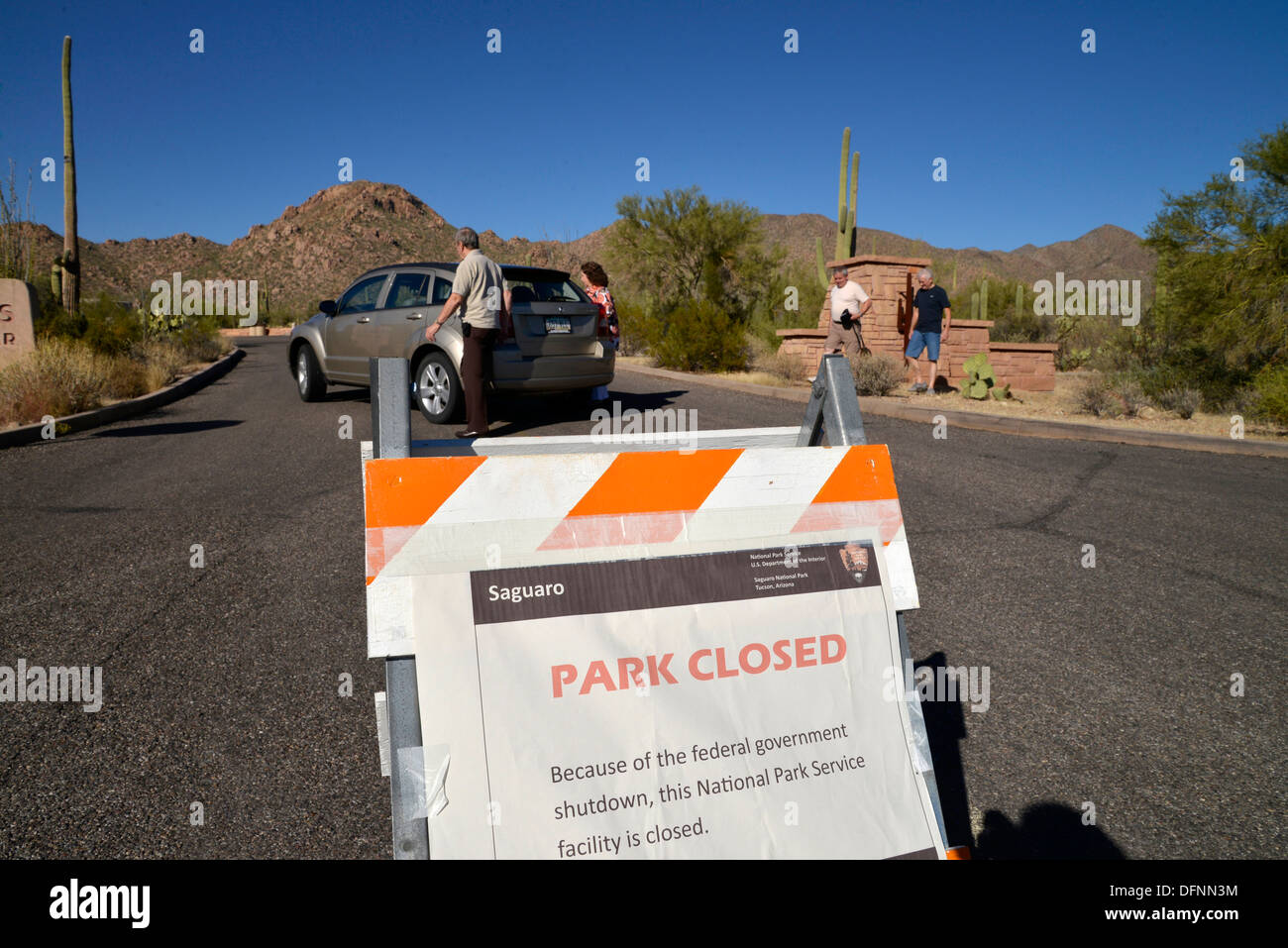 Signs at Saguaro National Park, Tucson, Arizona, USA, indicate that the