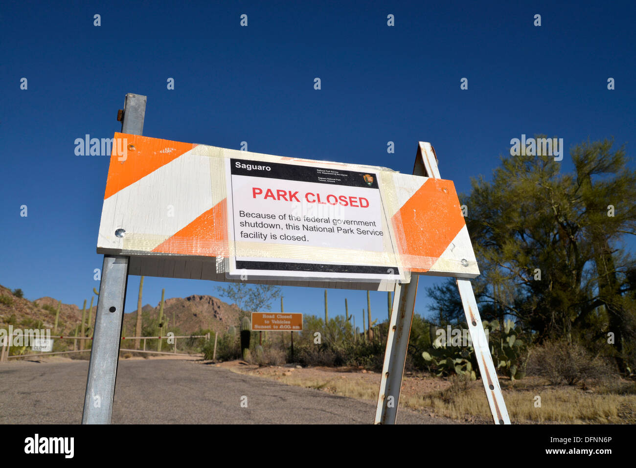 Signs at Saguaro National Park, Tucson, Arizona, USA, indicate that the