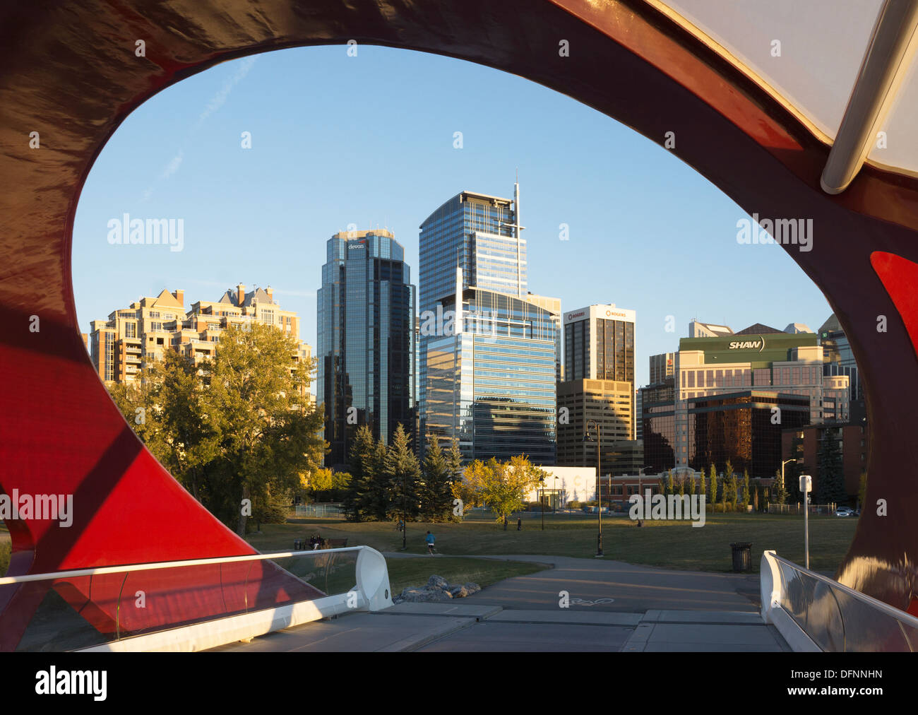 Downtown Calgary as seen through the Peace Bridge entrance Stock Photo