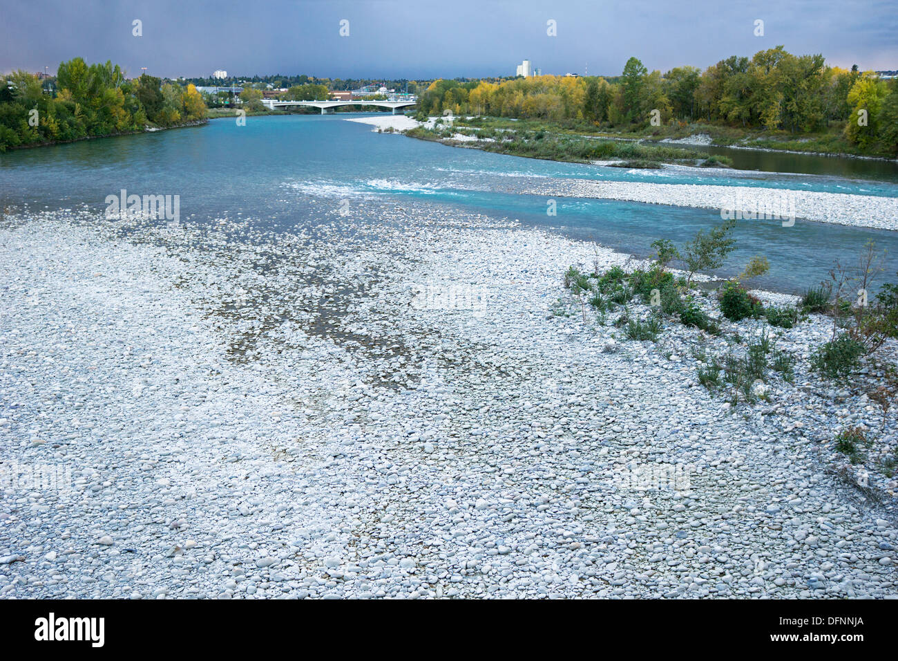 Newly deposited rocks and gravel from June 2013 flood of the Bow River enlarged the original shrub-covered island in foreground on right Stock Photo