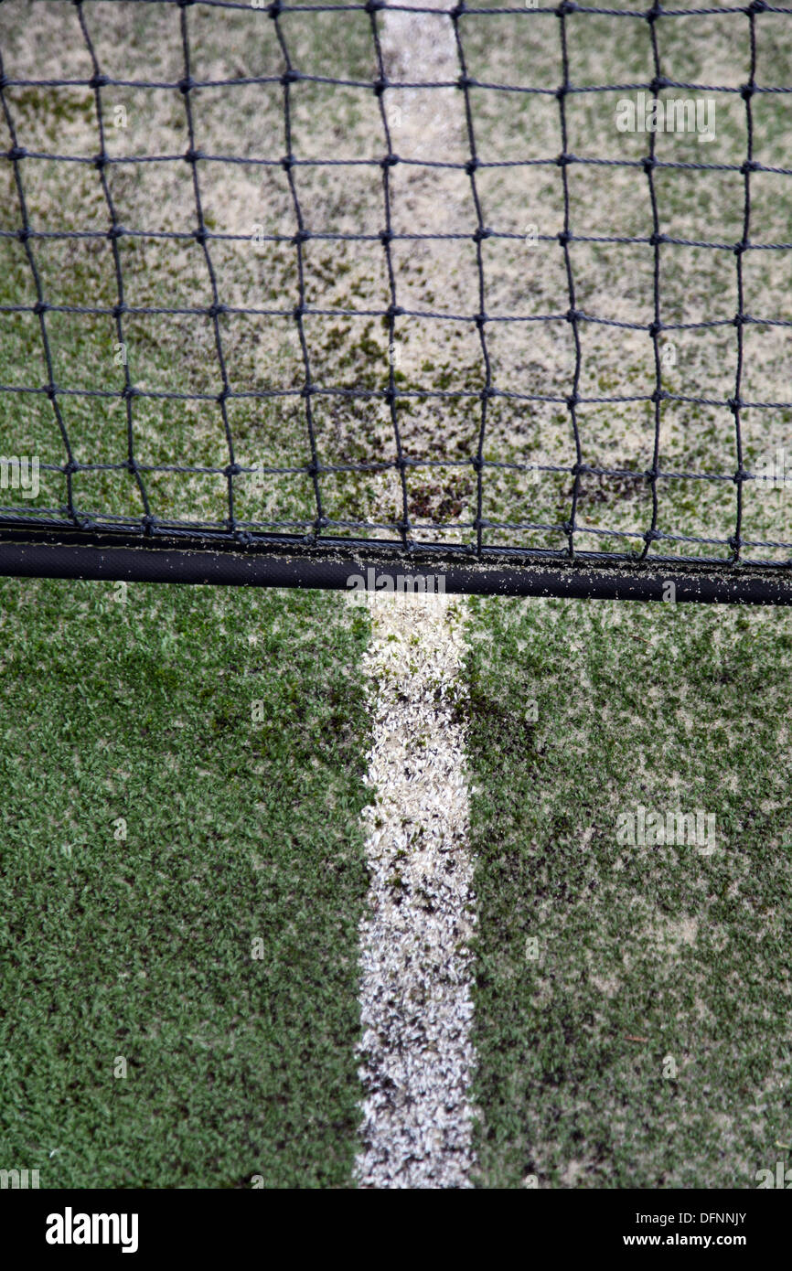 It's a photo of a detail of a grass tennis court. We can see the white lines, the net. It's quite rough and dirty. Stock Photo