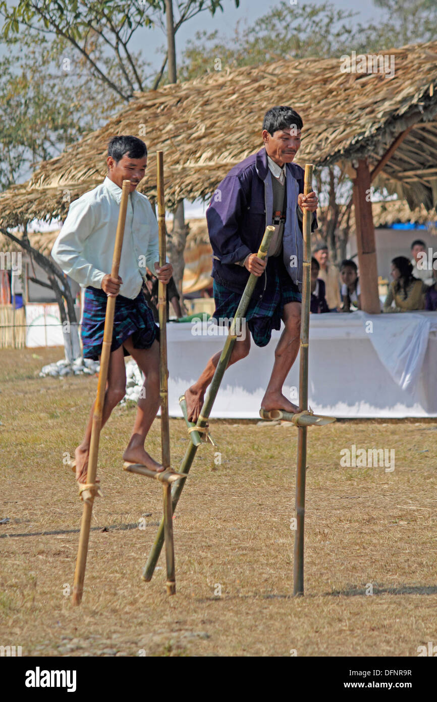 Tribes playing bamboo stilts game at Namdapha Eco Cultural Festival