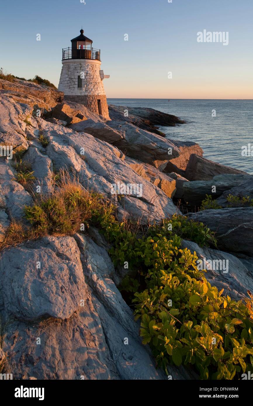 Castle Hill lighthouse, Narragansett Bay evening, Newport, RI Stock