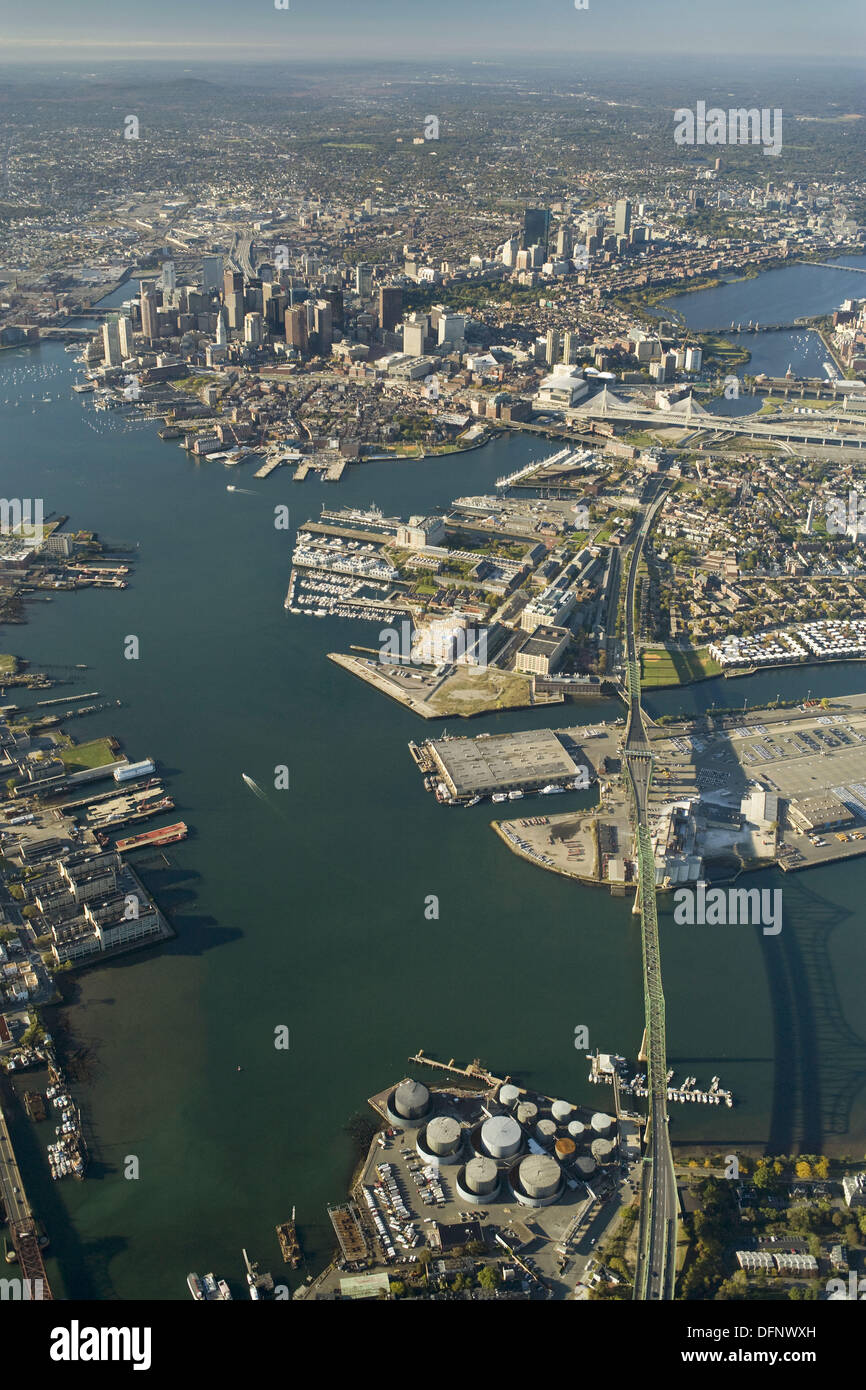 Inner harbor aerial view (Mystic River bridge aka Tobin Bridge at Stock ...