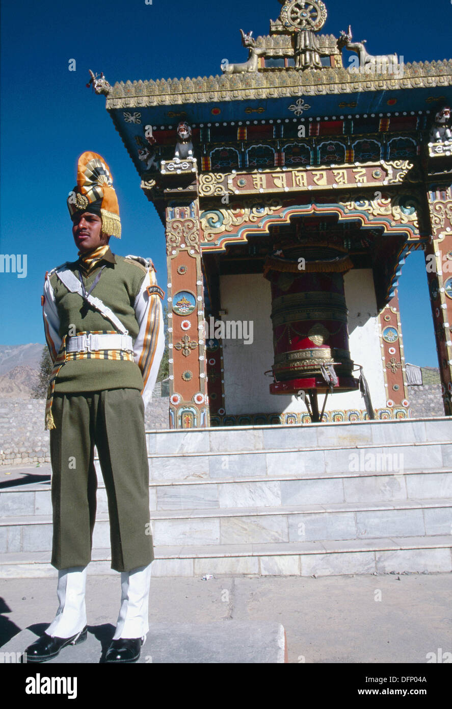 Military policeman from the Indo-Tibetan Border Police Regiment outside barracks, near Leh, Ladakh Stock Photo