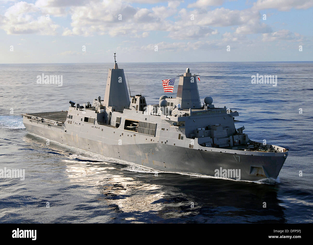The US Navy USS San Antonio amphibious transport dock ship during operations September 6, 2009 in the Atlantic Ocean. Terrorist Abu Anas al Libi is currently being held on the San Antonio after his capture October 5, 2013 in Libya. Stock Photo