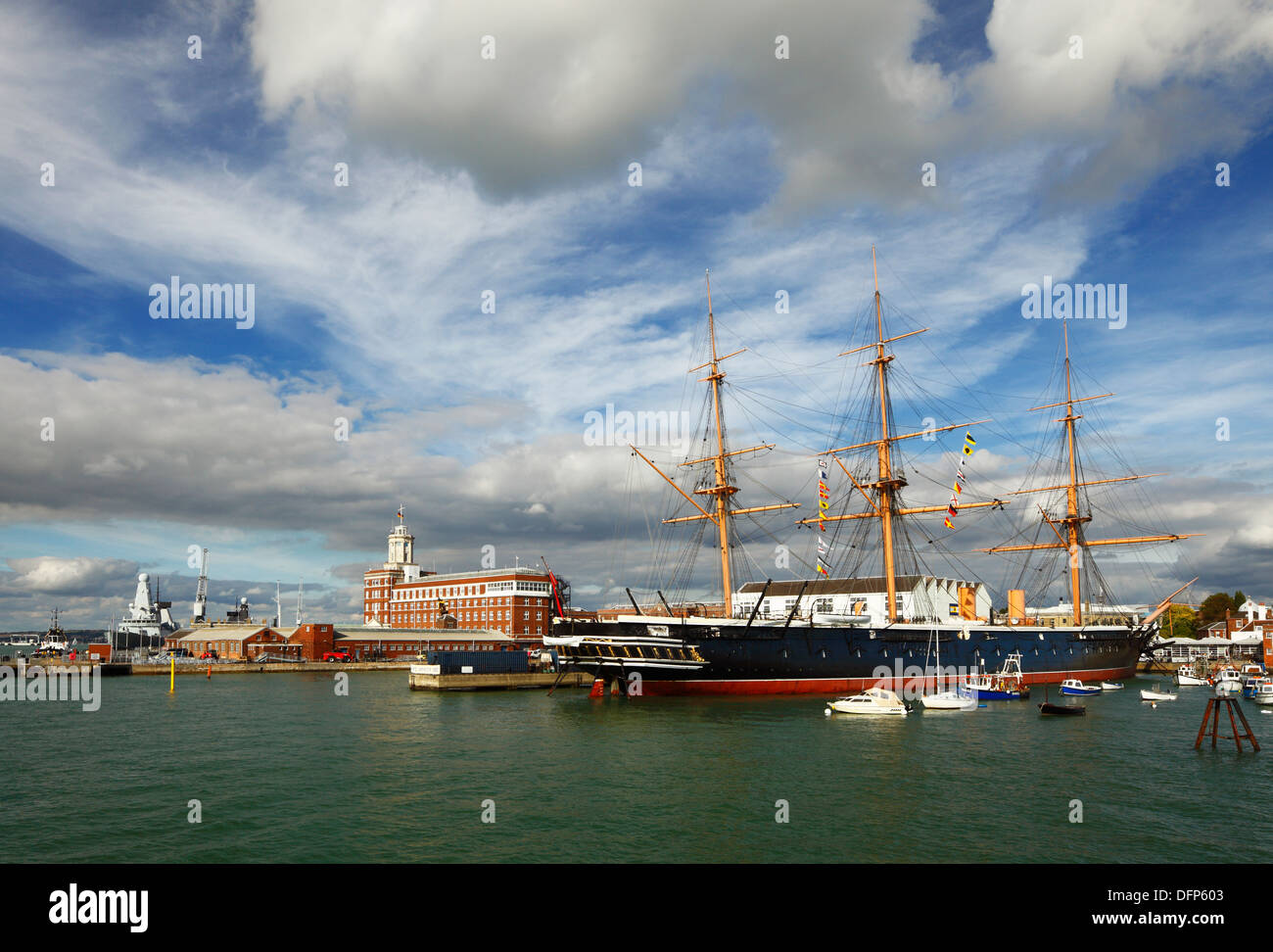 HMS Warrior and The Historic Naval Dockyard, Portsmouth Harbour. Stock Photo