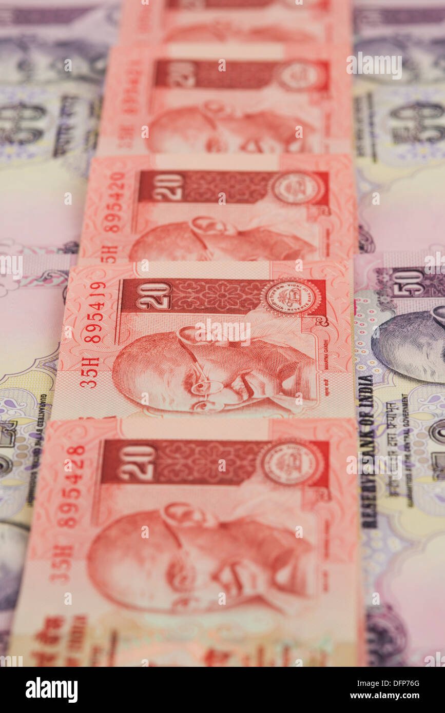 Close-up of Indian twenty rupee banknotes Stock Photo