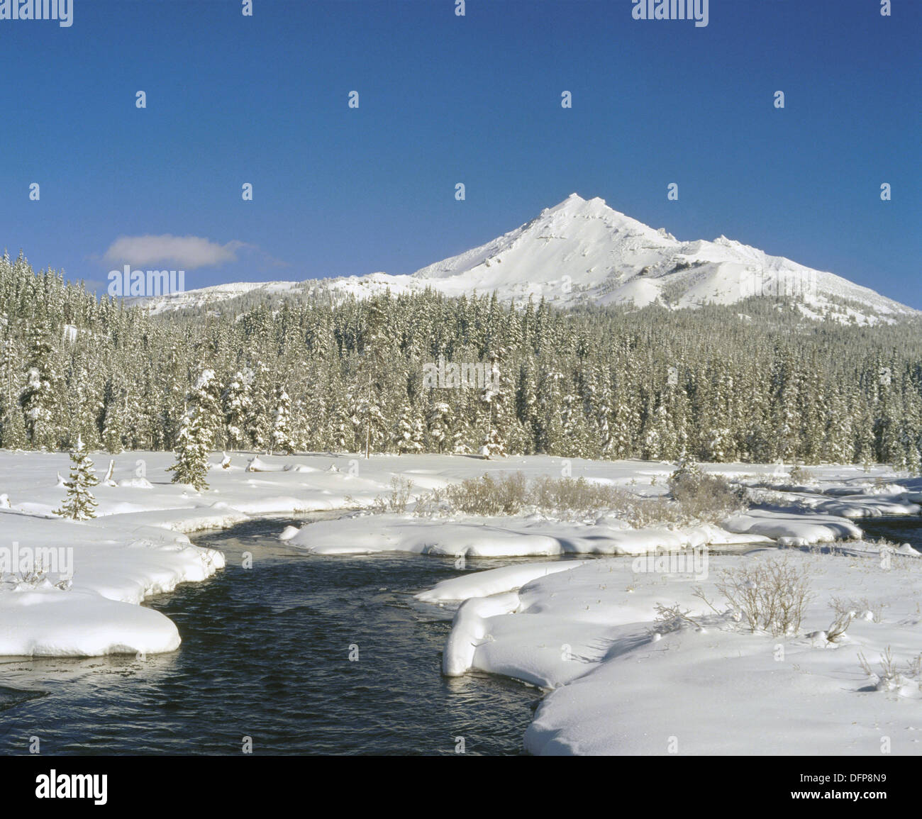 Fall Creek and Broken Top under a blanket of fresh winter snow