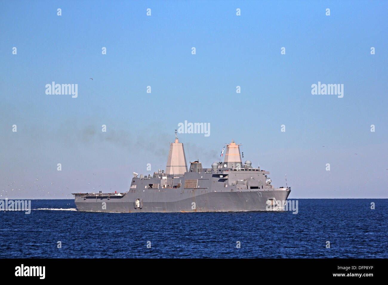 The US Navy USS San Antonio amphibious transport dock ship during operations January 29, 2012 in the Atlantic Ocean. Terrorist Abu Anas al Libi is currently being held on the San Antonio after his capture October 5, 2013 in Libya. Stock Photo