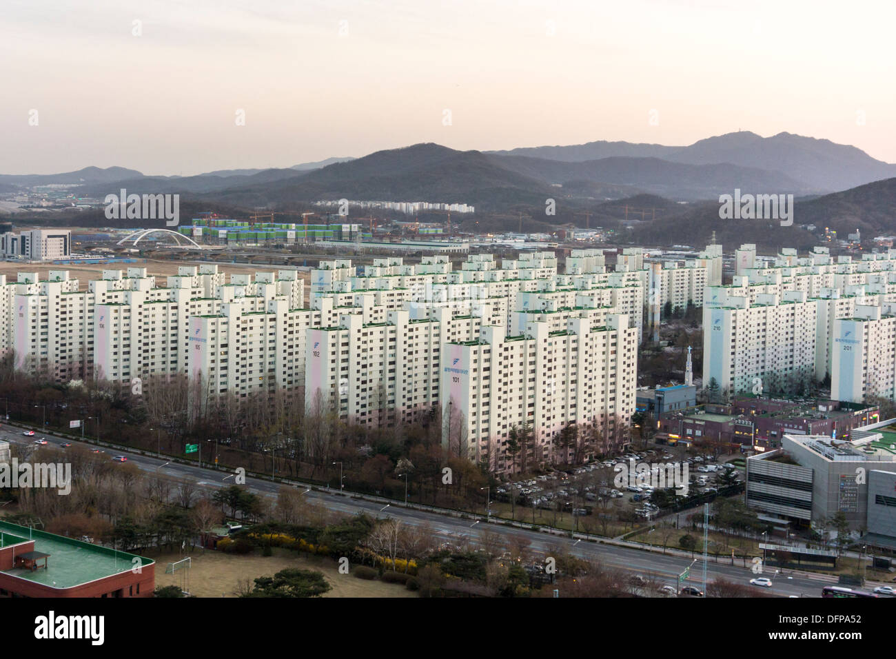 Skyline of Seoul, Korea with high-rise apartment blocks. Seoul is a city with a population of over 10 million. Stock Photo
