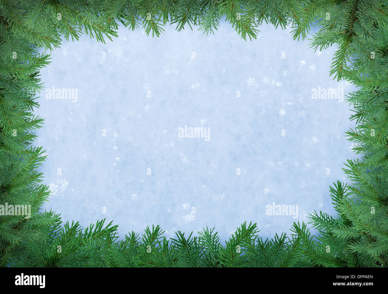 Christmas frame. The fir branches arranged as a frame over natural snow ...