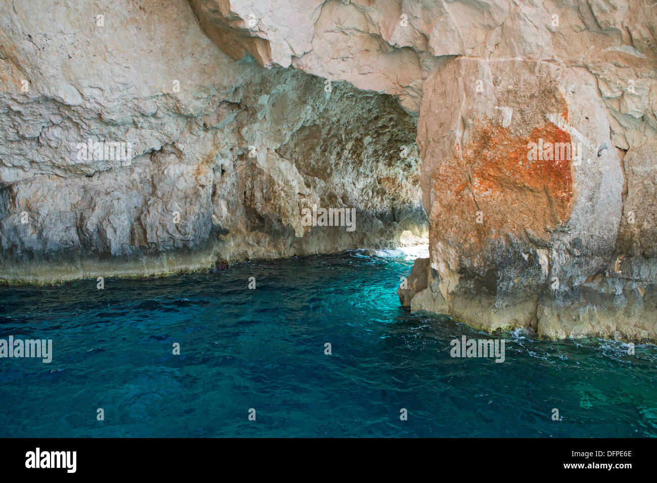 Blue Caves on Zakinthos - the southernmost island of the Ionian archipelago in Greece. Stock Photo