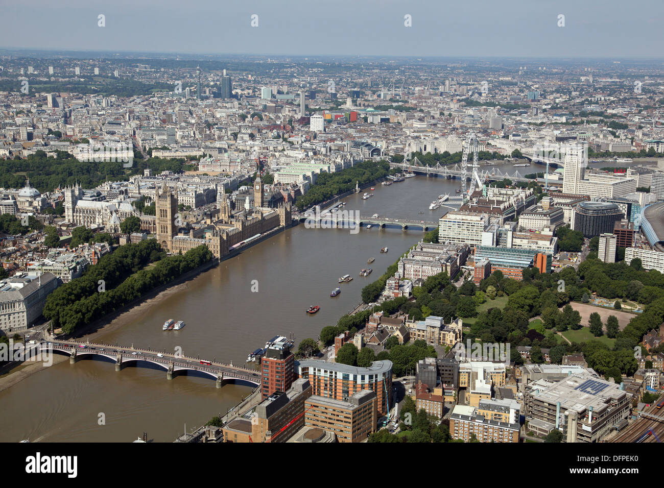 aerial view of The River Thames, House of Parliament, Albert Embankment, Lambeth Bridge and Victoria Tower Gardens in London UK Stock Photo