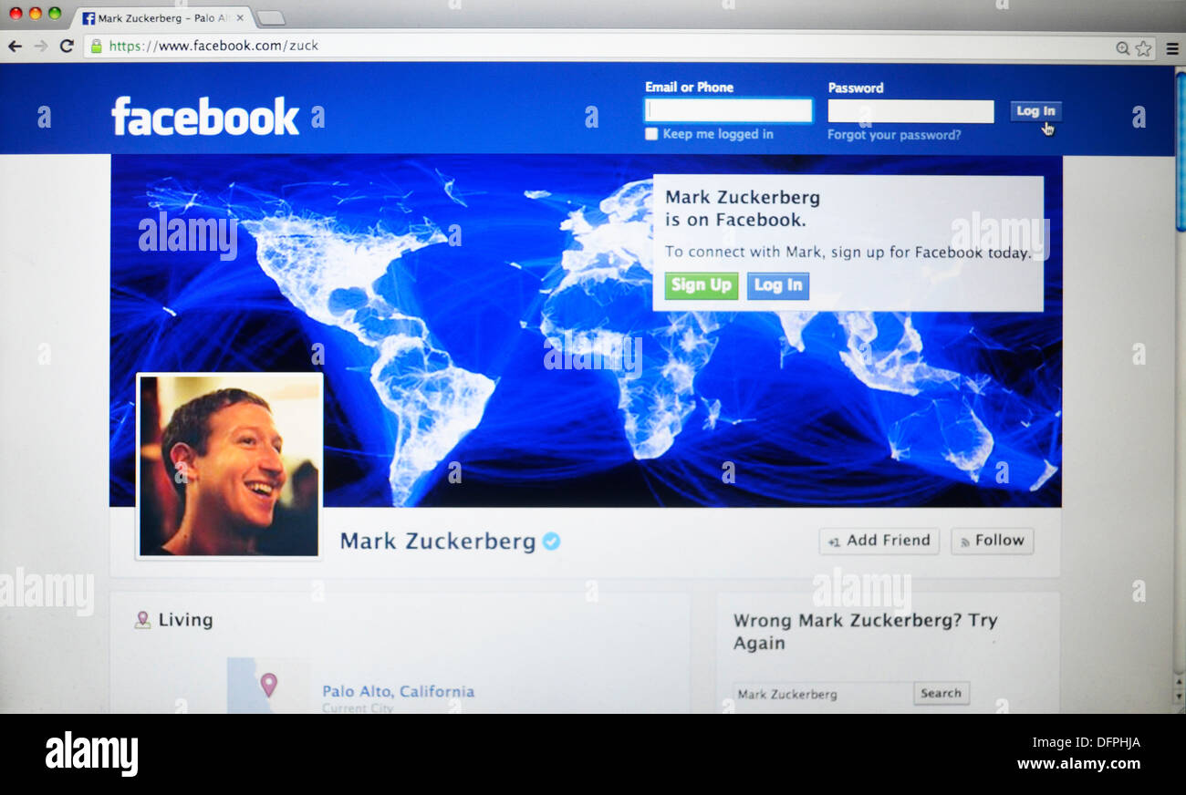 Mark Zuckberg facebook page straight on Stock Photo