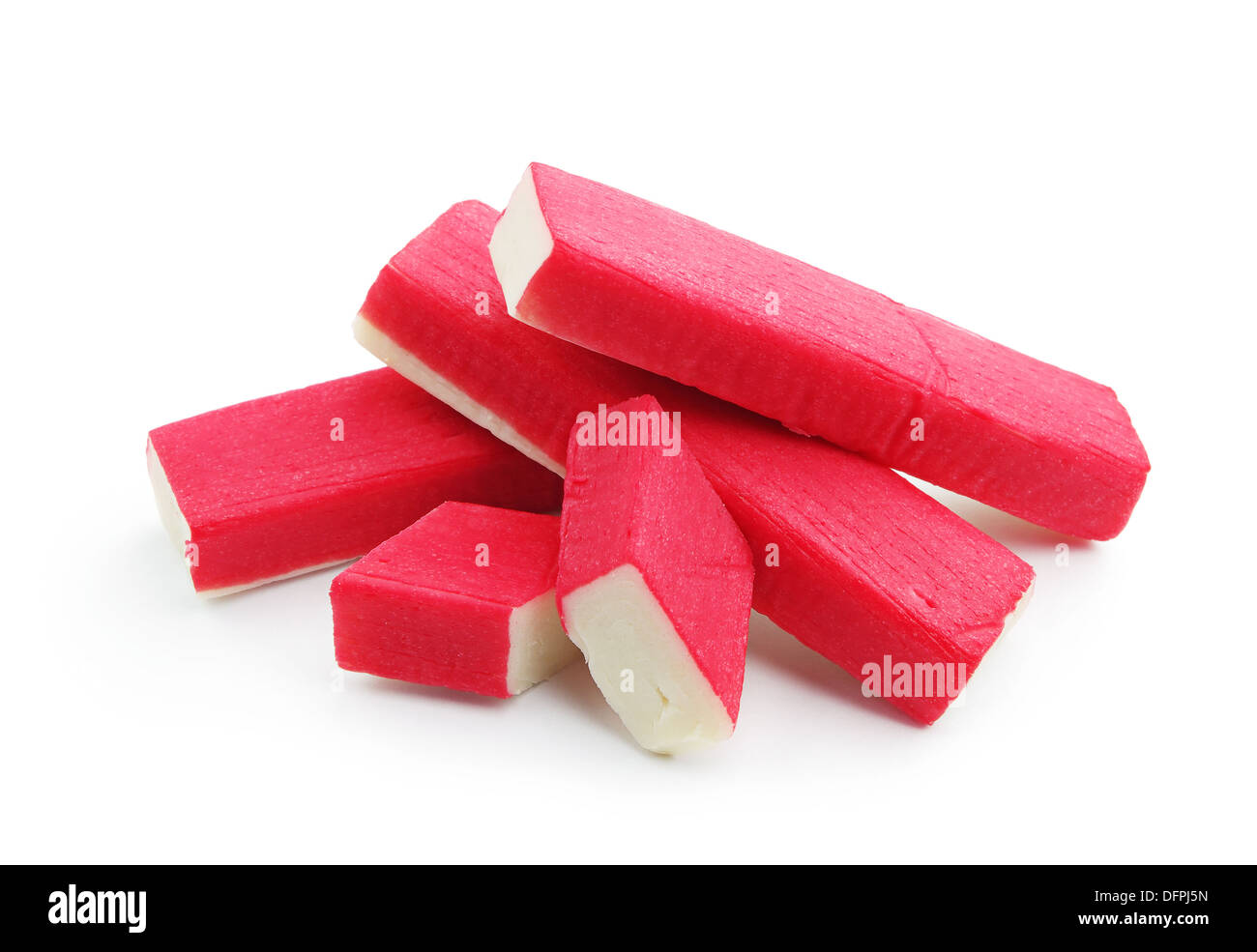 Crab sticks group closeup on a white background Stock Photo Alamy