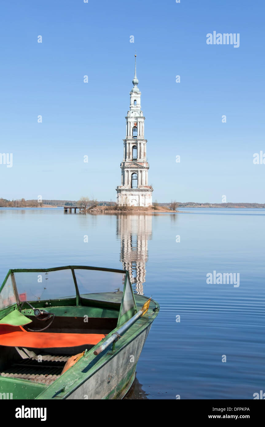 The flooded belltower on river Volga, Kalyazin, Russia Stock Photo