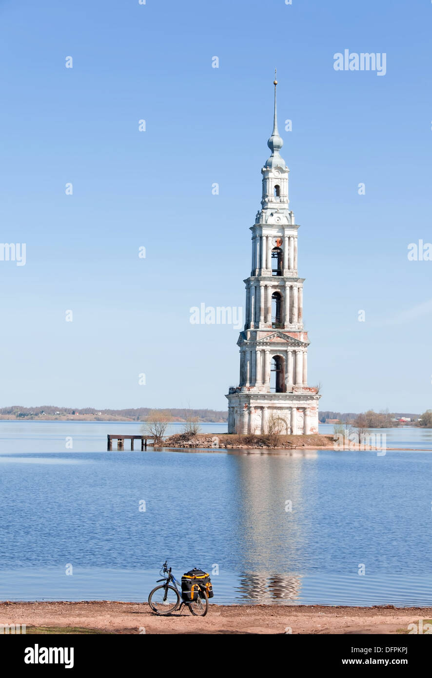 The flooded belltower on river Volga, Kalyazin, Russia Stock Photo