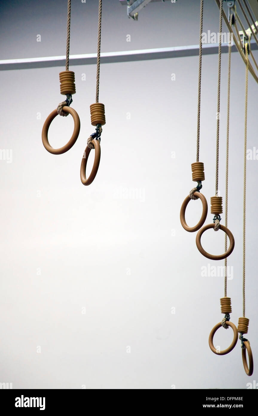 Rings in a gym, hanging from the ceiling Stock Photo