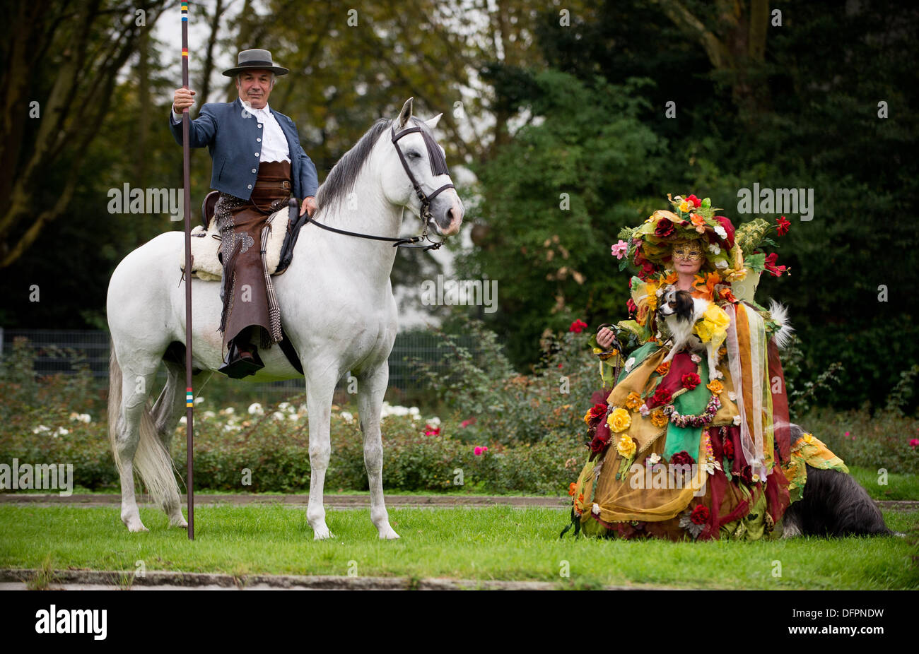 Dortmund, Germany. 08th Oct, 2013. Model Diego on horse Danzarin and model Heike pose in Dortmund, Germany, 08 October 2013. The demonstration is an advertisement for the trade show 'Dog and Horse' which will take place from 11 till 13 October 2013 at Westfalenhalle in Dortmund. Photo: JAN-PHILIPP STROBEL/dpa/Alamy Live News Stock Photo