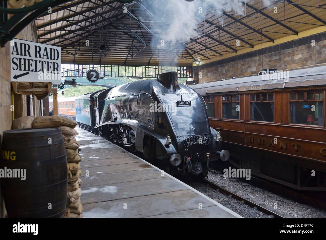 Sir Nigel Gresley steam engine pulling into Pickering Station on the North York Moors Heritage Rail Line. Stock Photo