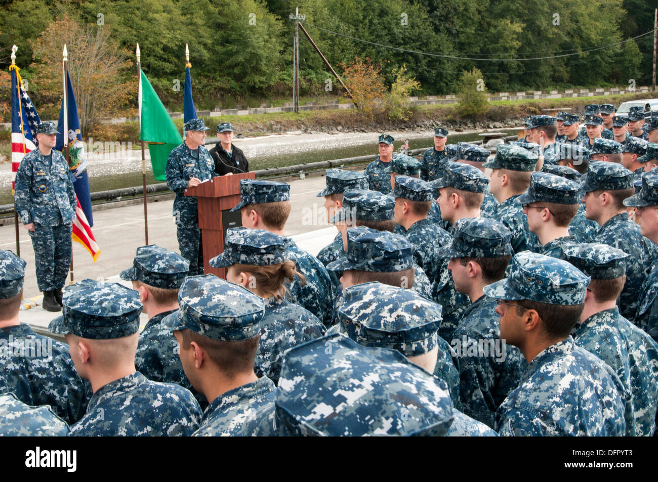 SILVERDALE, Wash. (Sept. 26, 2013) Rear Adm. Dietrich Kuhlmann, commander, Submarine Group 9, speaks to Sailors assigned to the Stock Photo