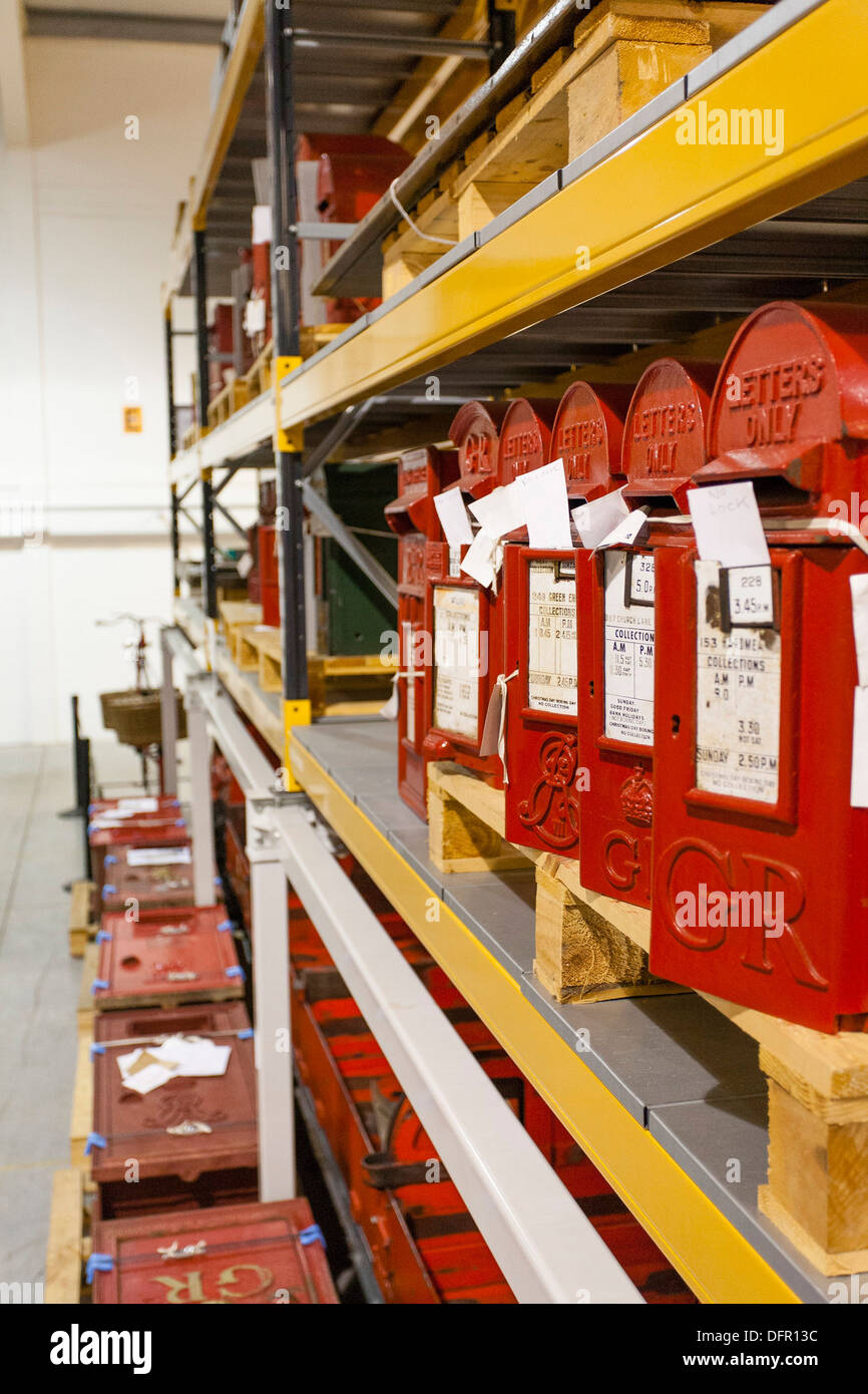 A line of lamp boxes at the British Postal Museum Store at Debden. The ciphers of King Edward VII and King George V can be seen Stock Photo