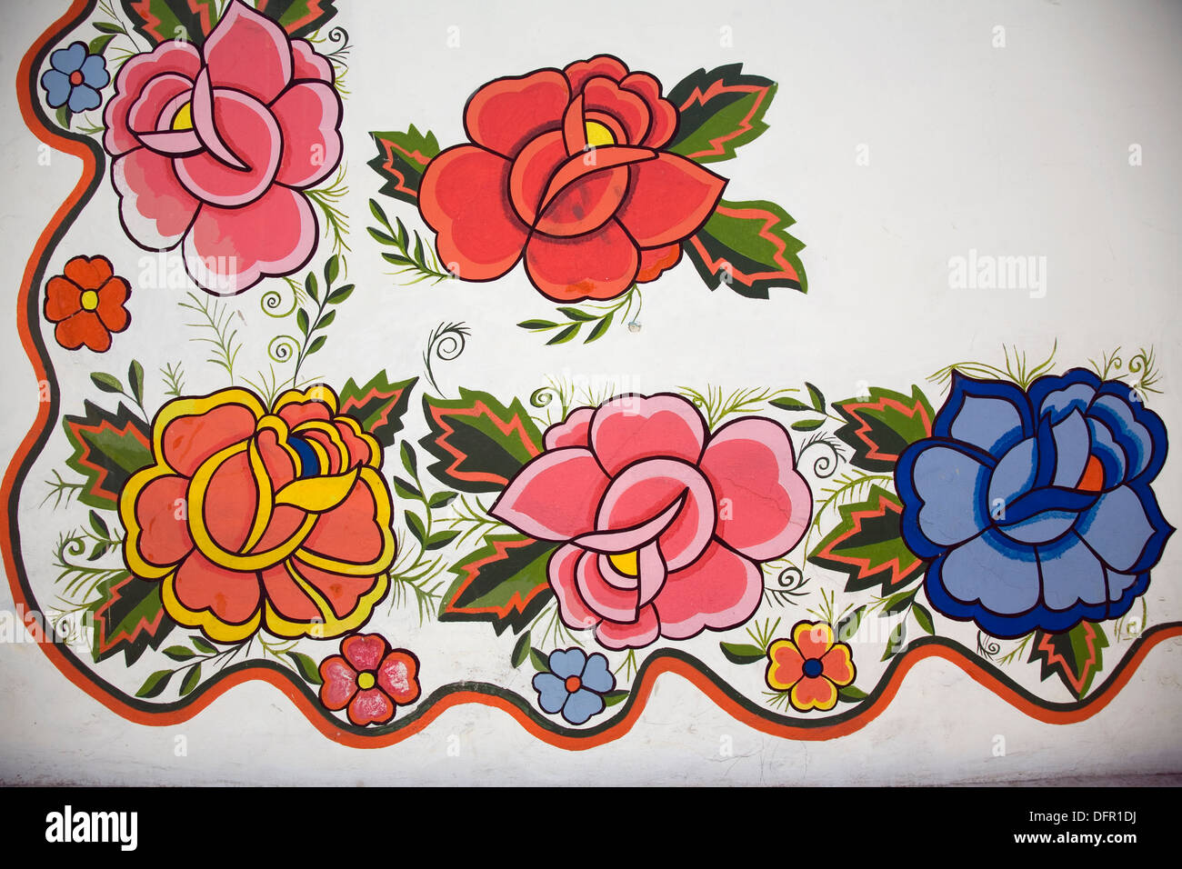 Floral design on the wall of a restaurant on Plaza de la Paz in the Barrio del Encino neighborhood of Aguascalientes, Mexico. Stock Photo