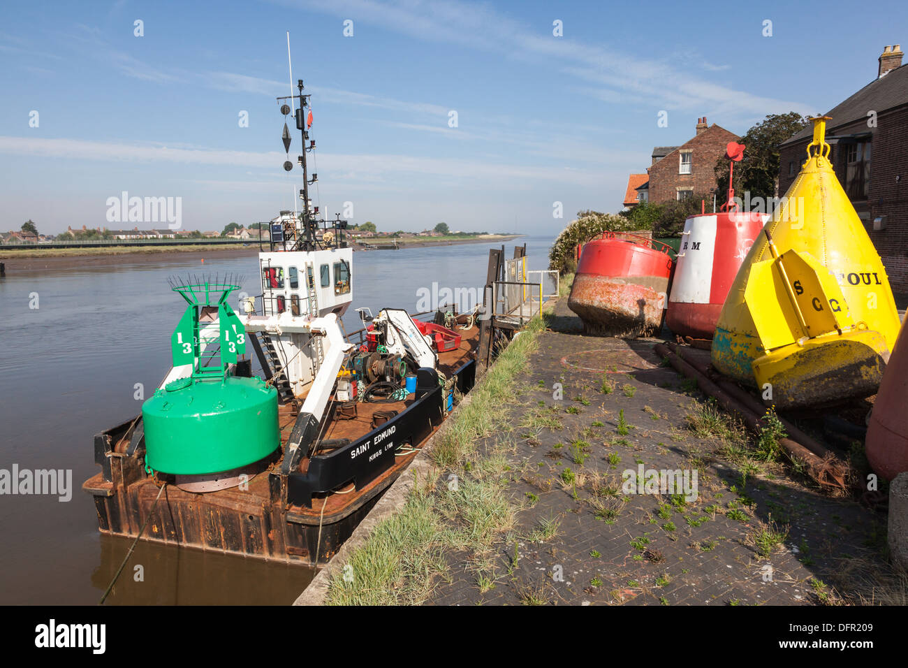 Navigation and mooring buoys at Purfleet Quay on the River Great Ouse at Kings Lynn, Norfolk, UK