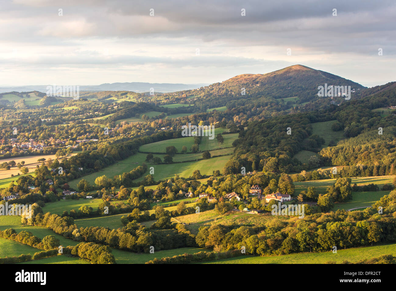 The Malvern Hills and Colwall village from the Herefordshire Beacon in
