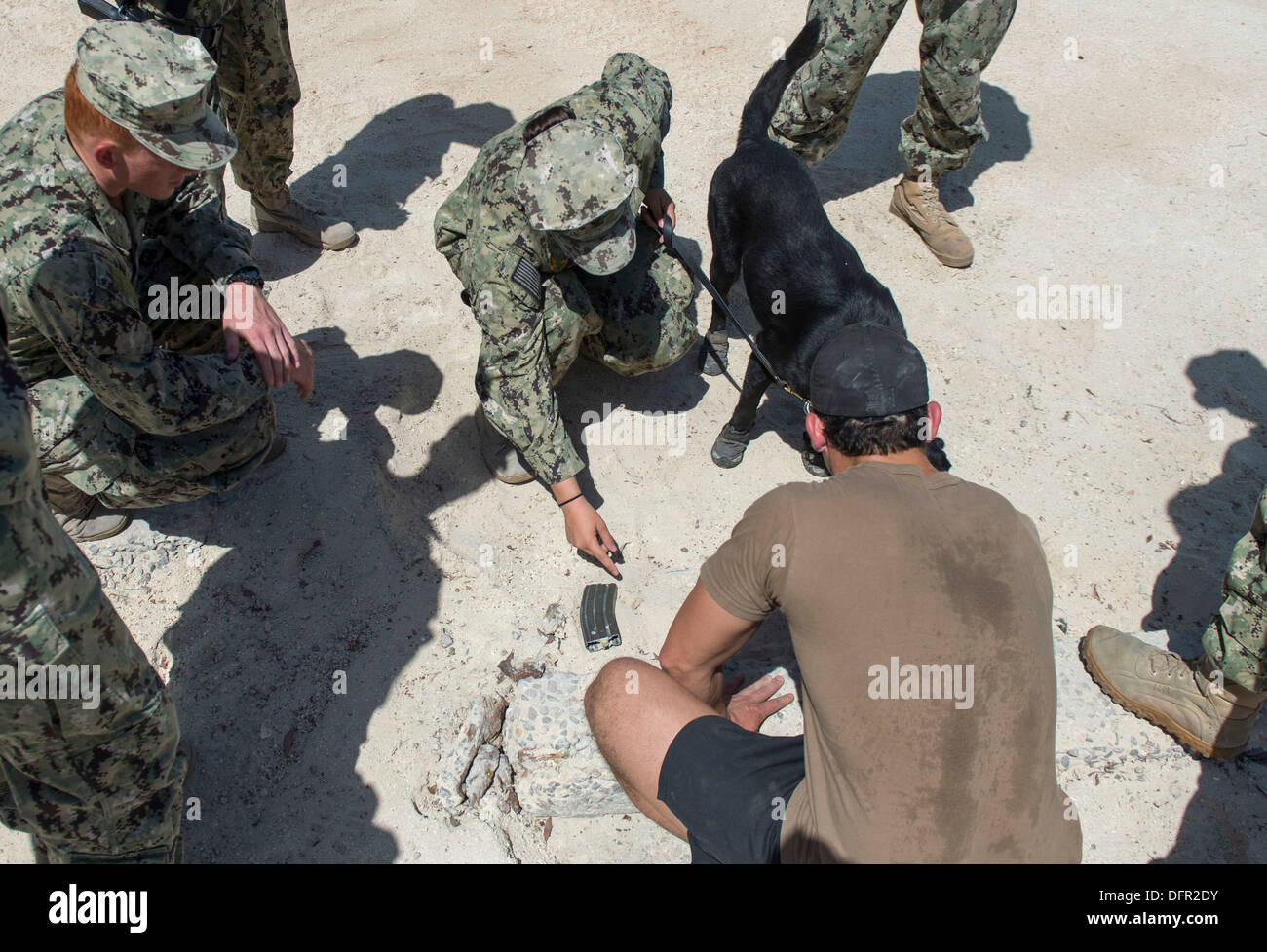 Explosive Ordnance Technician 2nd Class David Medwedeff, assigned to Commander, Task Group (CTG) 56.1, shows an example of a possible improvised explosive device (IED) during IED detection training with members of Naval Support Activity Bahrain's Military Stock Photo