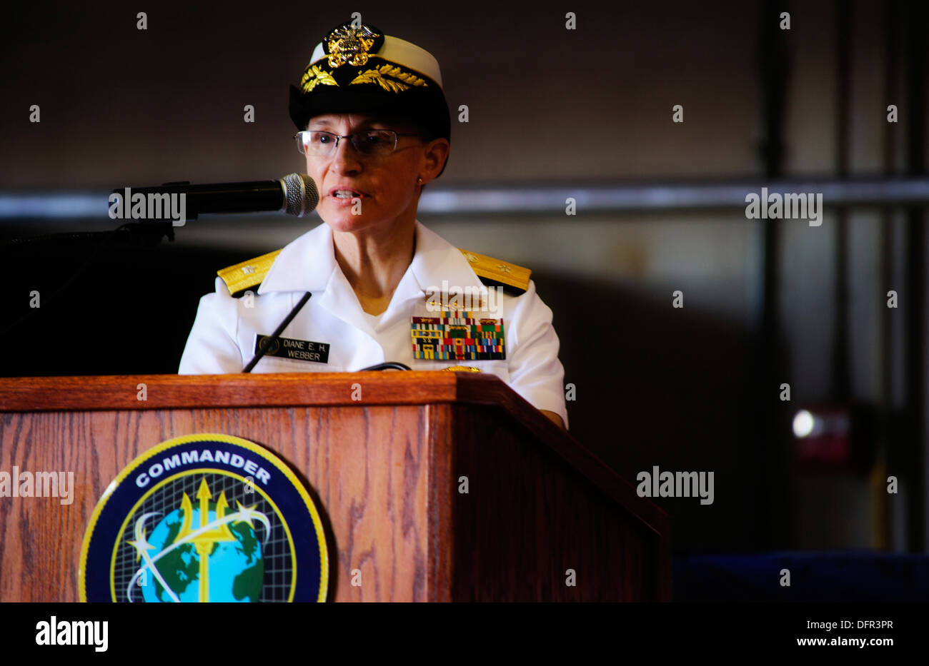 Rear Adm. Diane E. H. Webber delivers remarks during the Navy Cyber Forces change of command ceremony at Joint Expeditionary Base Little Creek. Webber relieved Rear Adm. Gretchen S. Herbert as commander of Navy Cyber Forces. Stock Photo