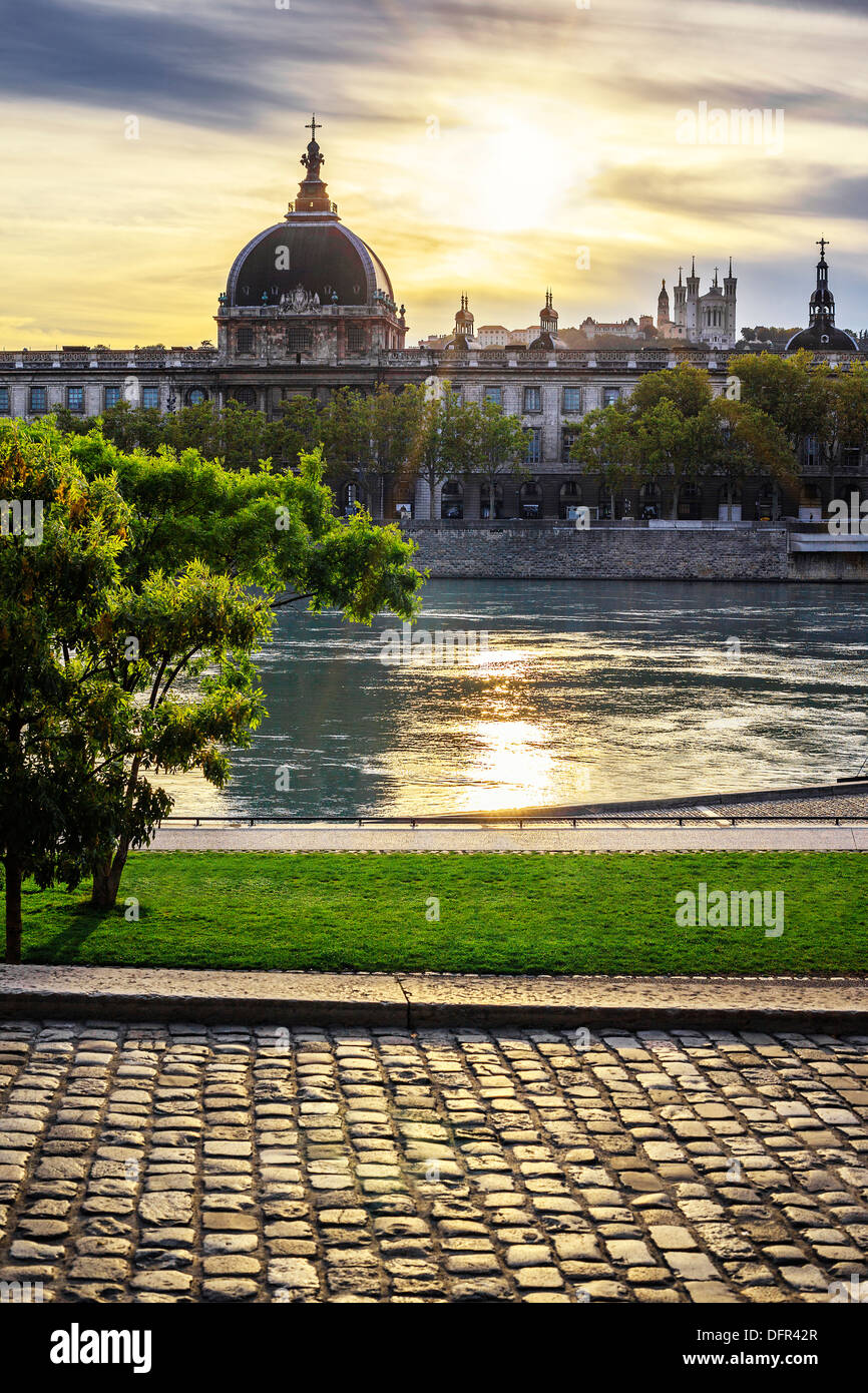 Famous Lyon city at sunset with Rhone river Stock Photo