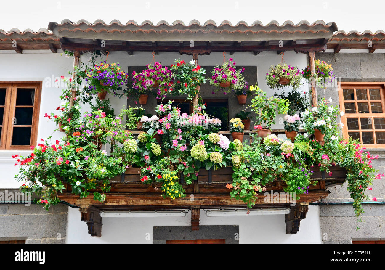 Typical balcony with flowers in the Teror town, Gran Canaria. Stock Photo