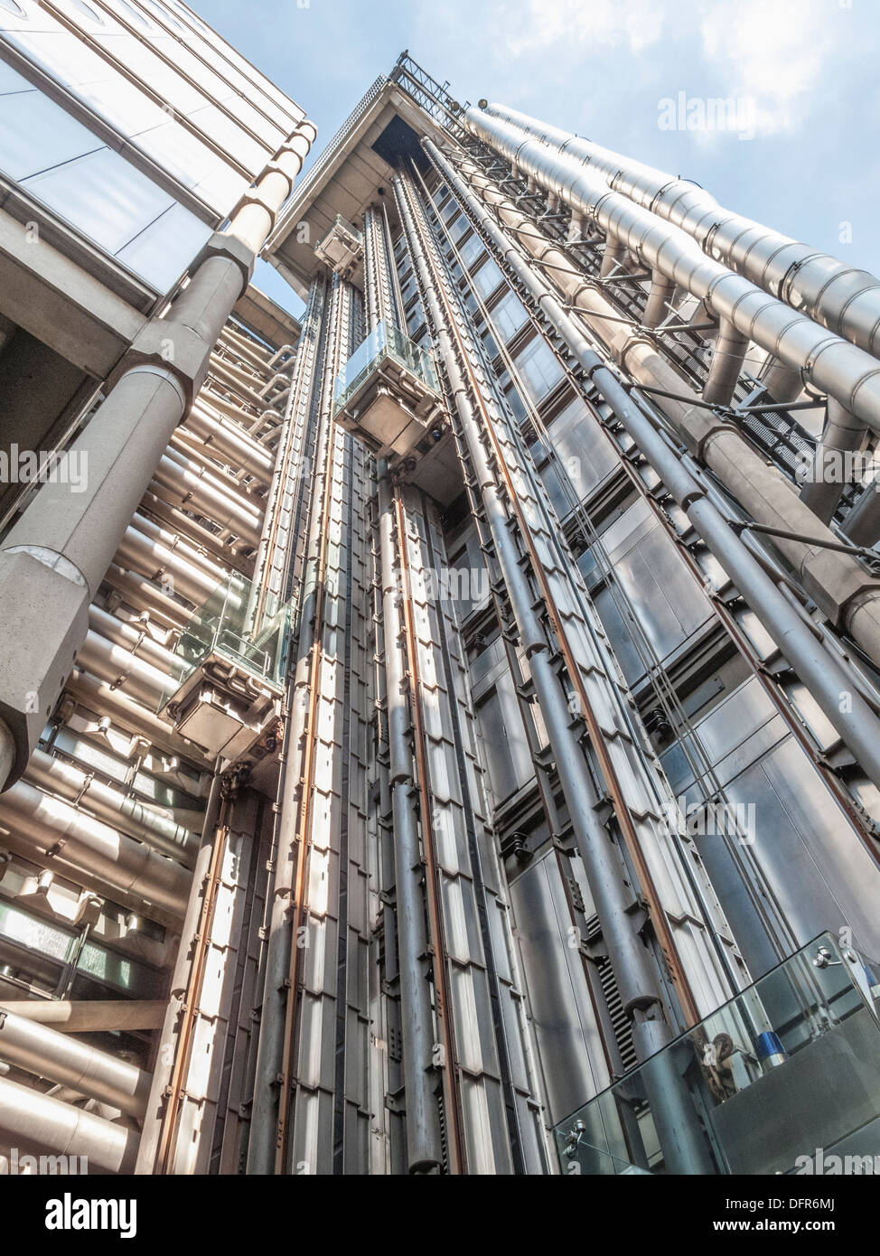 The Lloyd's Building, Lime Street, City of London insurance and financial district, showing its external panoramic lifts Stock Photo