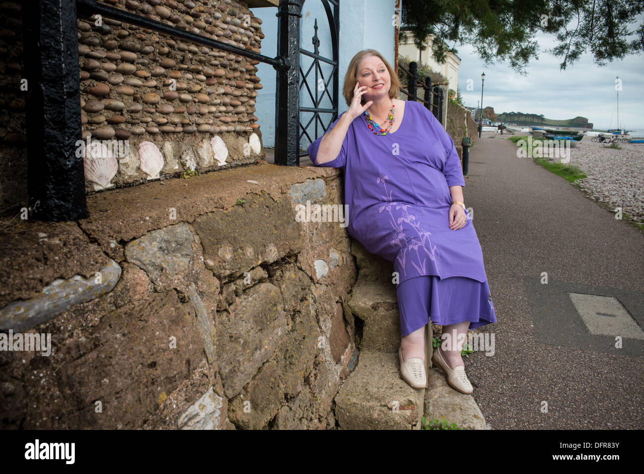 Bestselling author Hilary Mantel CBE by the sea near her home in the coastal town Budleigh Salterton, East Devon. Stock Photo