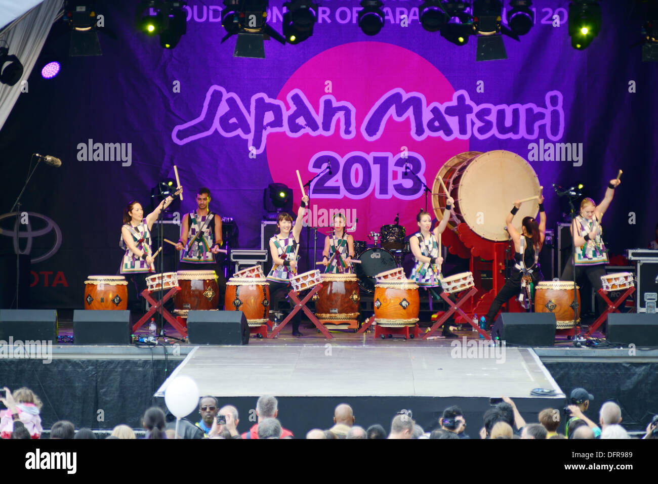 Female taiko drummers at Japan matsuri in London England. Saturday 5th October 2013 Stock Photo