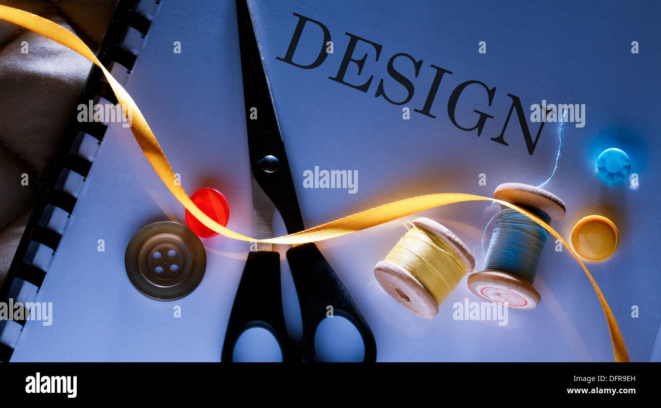 Design project idea with thread bobbin, scissors and buttons Stock ...