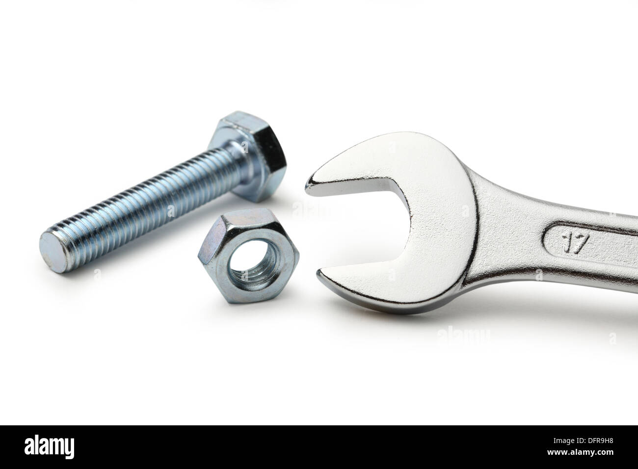 Screw bolt, nut and metallic wrench Stock Photo Alamy