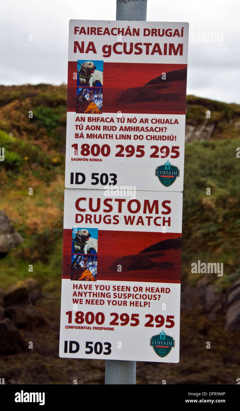 Irish Customs Drugs Watch signage signs in Bunbeg Harbour County Donegal Ireland Stock Photo